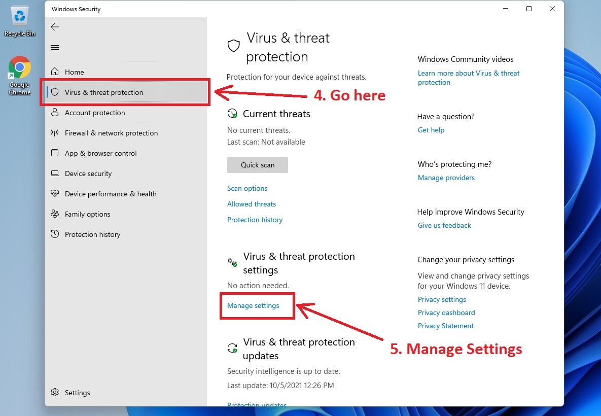 Disable Virus & threat protection in Windows 11