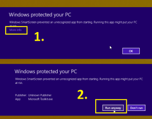 Ejecute Microsoft Toolkit.exe como administrador. Si verá una pantalla azul en Windows 8 -> Haga clic en *Más información* -> *Ejecutar de todos modos*.